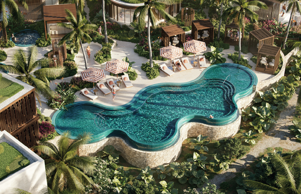 Aerial rendering of a free-form swimming pool at Setai St. Maarten featuring mosaic tiling, surrounded by private wooden cabanas, striped umbrellas, and sun loungers nestled in a tropical garden.