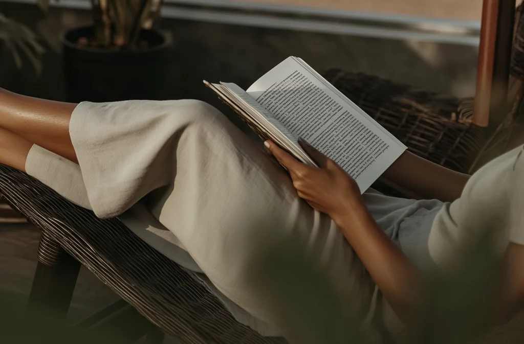Relaxed lifestyle scene on a tropical terrace of a woman reading a book